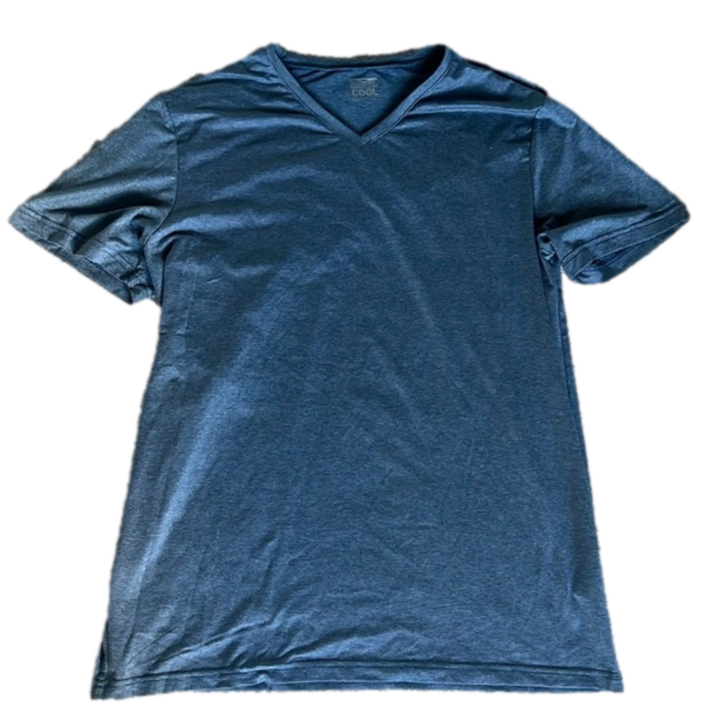 32 degrees cool size large blue and white striped v neck t shirt
